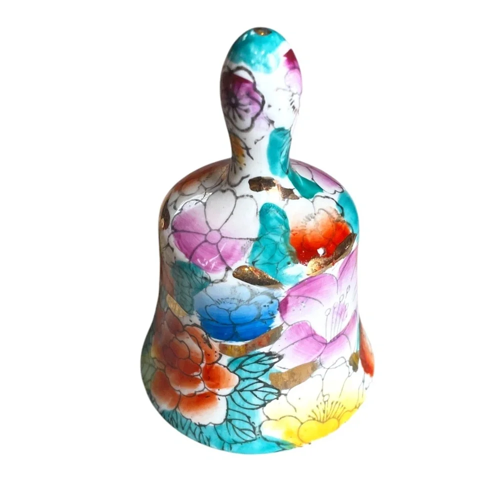 Vintage Chinese Hand Painted‎ Porcelain Bell with Flowers & Gold Accents